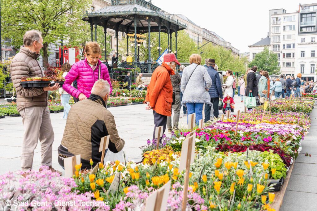 Iemand die bloemen koopt op de Bloemenmarkt Kouter in Gent